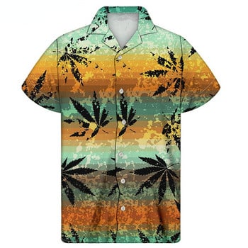 2022 Harajuku Cuban Yellow Weed Leaf Print Shirt Мъжка ежедневна риза с къс ръкав Лятна дишаща плажна риза