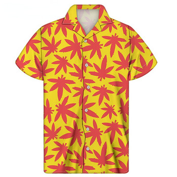 2022 Harajuku Cuban Yellow Weed Leaf Print Shirt Мъжка ежедневна риза с къс ръкав Лятна дишаща плажна риза