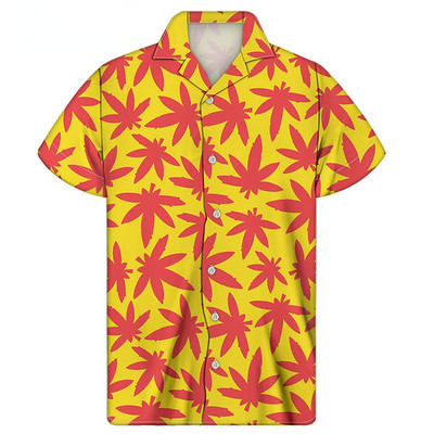 2022 Harajuku Cuban Yellow Weed Leaf printing ing rövid ujjú férfi alkalmi ing nyári légáteresztő stranding