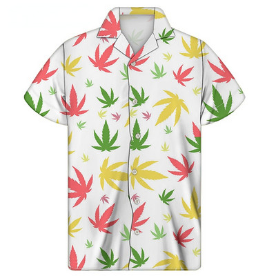 2022 Harajuku Cuban Yellow Weed Leaf printing ing rövid ujjú férfi alkalmi ing nyári légáteresztő stranding