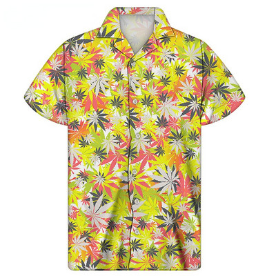 2022 Harajuku Cuban Yellow Weed Leaf printing ing rövid ujjú férfi alkalmi ing nyári légáteresztő stranding