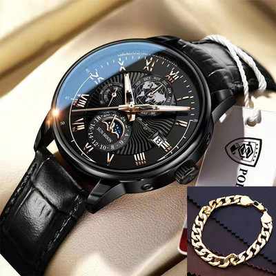 POEDAGAR vīriešu pulksteņi 2022. gada populārākā zīmola luksusa gaismas ūdensnecaurlaidīgs sporta kvarca vīriešu rokas pulkstenis Moon Phase ādas siksniņu vīriešu pulkstenis