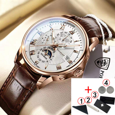 POEDAGAR vīriešu pulksteņi 2022. gada populārākā zīmola luksusa gaismas ūdensnecaurlaidīgs sporta kvarca vīriešu rokas pulkstenis Moon Phase ādas siksniņu vīriešu pulkstenis