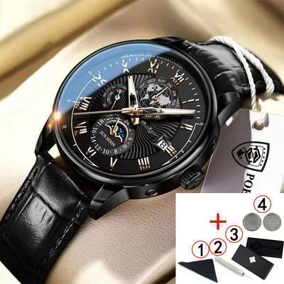 POEDAGAR vīriešu pulksteņi 2022. gada populārākā zīmola luksusa gaismas ūdensnecaurlaidīgs sporta kvarca vīriešu rokas pulkstenis Moon Phase ādas siksniņu vīriešu pulkstenis