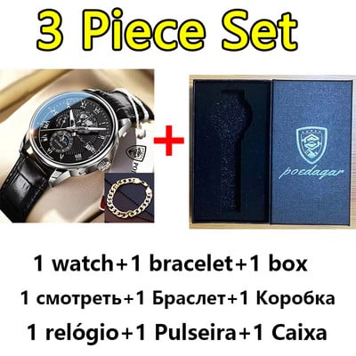 POEDAGAR vīriešu pulksteņi 2022. gada populārākā zīmola luksusa gaismas ūdensnecaurlaidīgs sporta kvarca vīriešu rokas pulkstenis Moon Phase ādas siksniņu vīriešu pulkstenis