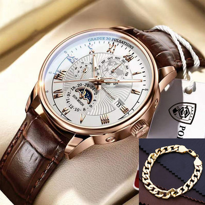 POEDAGAR vīriešu pulksteņi 2022. gada populārākā zīmola luksusa gaismas ūdensnecaurlaidīgs sporta kvarca vīriešu rokas pulkstenis Moon Phase ādas siksniņu vīriešu pulkstenis