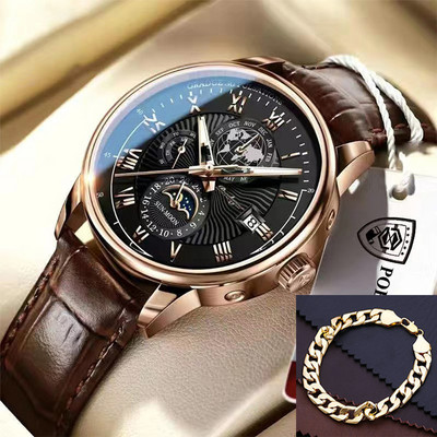 POEDAGAR vīriešu pulksteņi 2022. gada populārākā zīmola luksusa gaismas ūdensnecaurlaidīgs sporta kvarca vīriešu rokas pulkstenis Moon Phase ādas siksniņu vīriešu pulkstenis