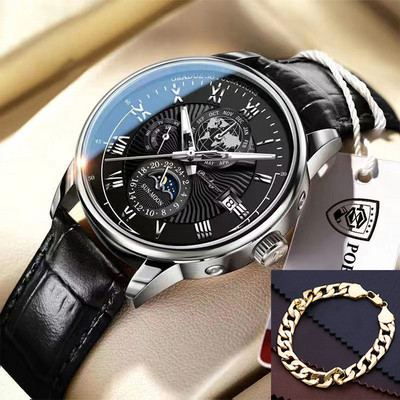 POEDAGAR vīriešu pulksteņi 2022. gada populārākā zīmola luksusa gaismas ūdensnecaurlaidīgs sporta kvarca vīriešu rokas pulkstenis Moon Phase ādas siksniņu vīriešu pulkstenis