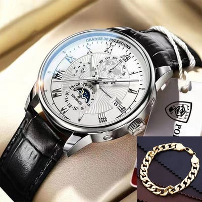 POEDAGAR vīriešu pulksteņi 2022. gada populārākā zīmola luksusa gaismas ūdensnecaurlaidīgs sporta kvarca vīriešu rokas pulkstenis Moon Phase ādas siksniņu vīriešu pulkstenis