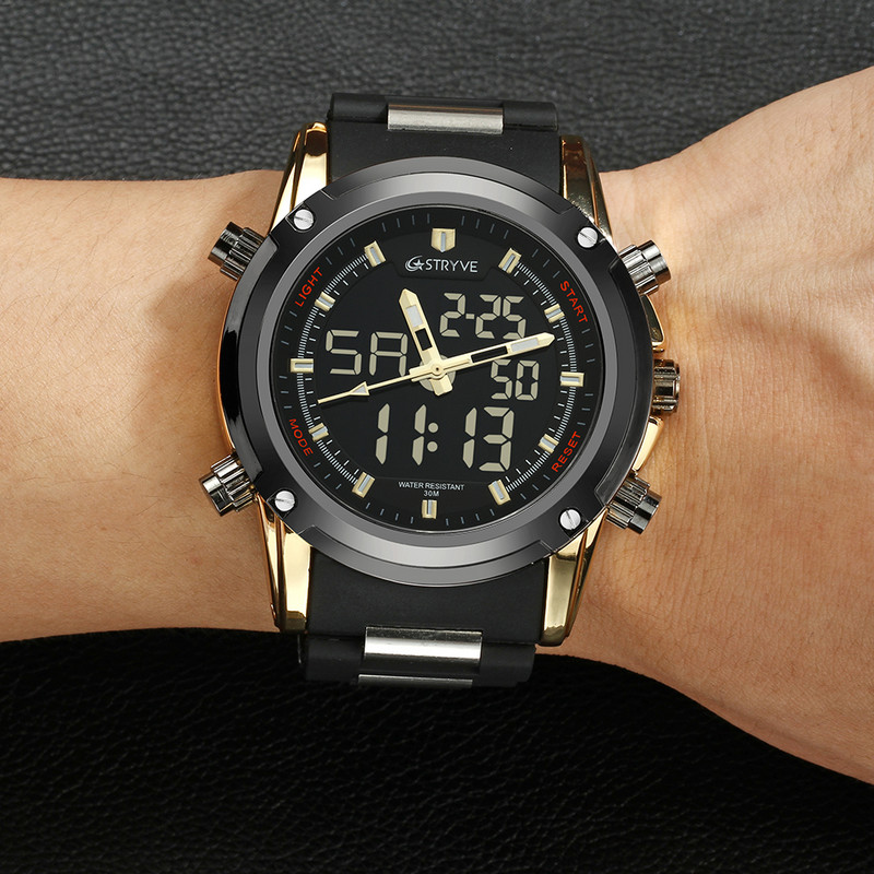 Populiariausi vyriški laikrodžiai Prabangus prekės ženklo Stryve Quartz LED dvigubas laikrodis Sportinis vandeniui atsparus karinis vyriškas karinis laikrodis Relogio Masculino