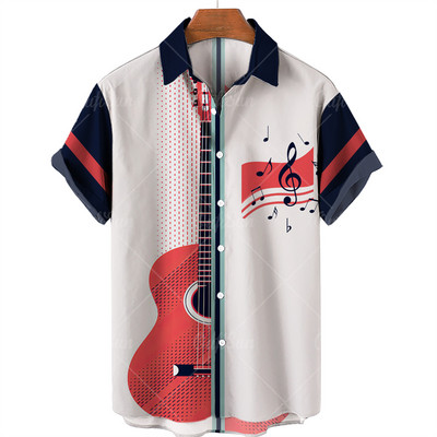 2022. gada mūzikas apdrukas krekli ar īsām piedurknēm Vīriešu brīvi krekli Havajiešu stilā ar mūziku apdrukāti vasaras pludmales topi