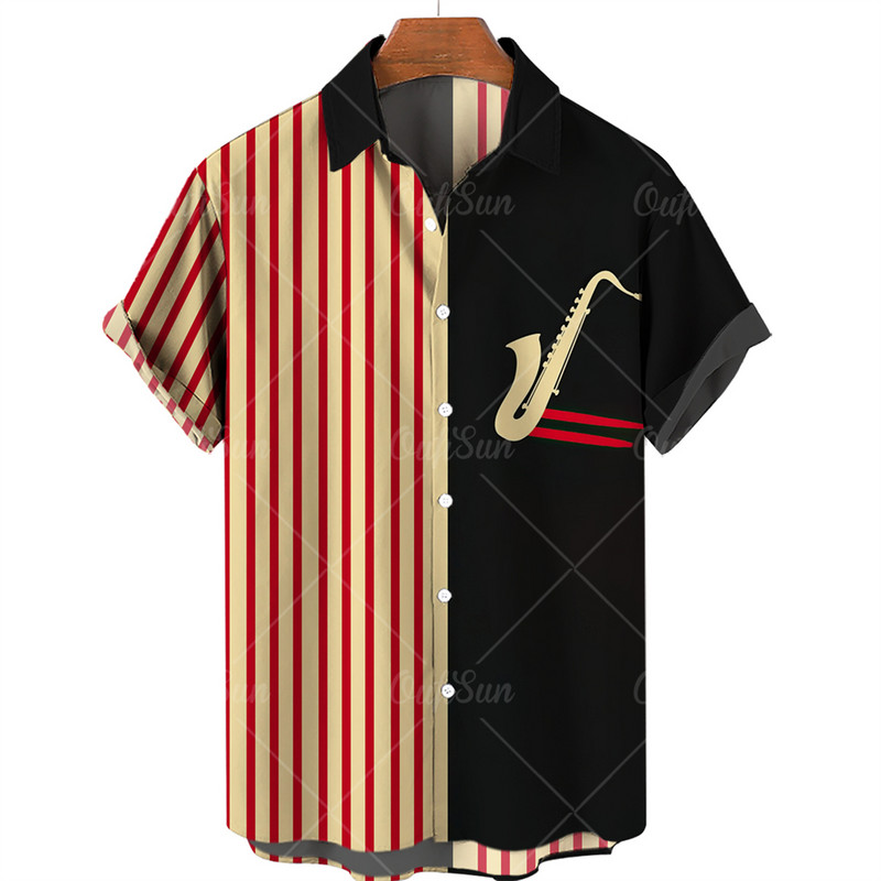 2022. gada mūzikas apdrukas krekli ar īsām piedurknēm Vīriešu brīvi krekli Havajiešu stilā ar mūziku apdrukāti vasaras pludmales topi