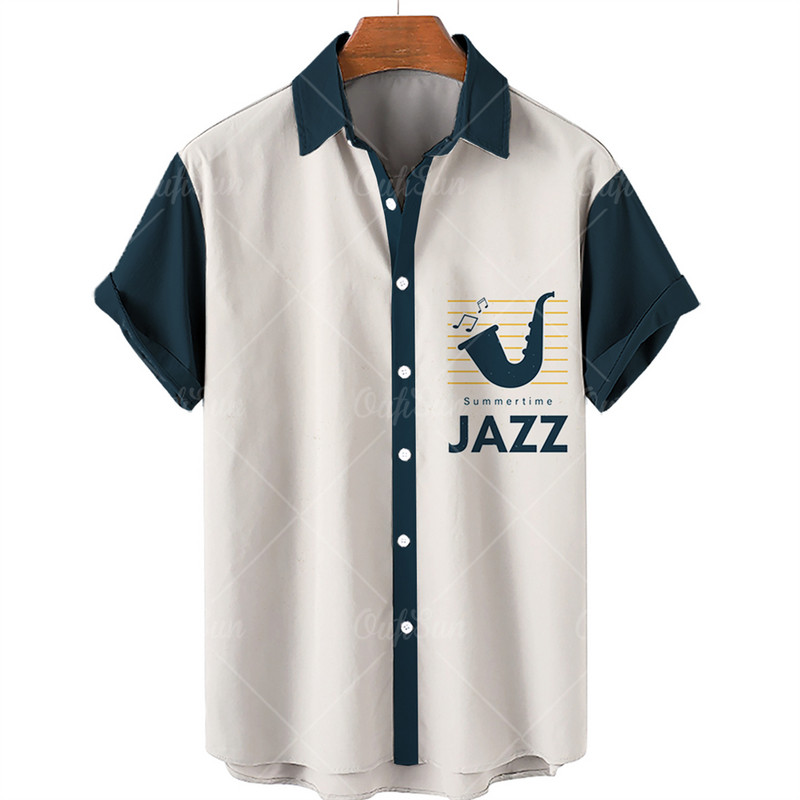 2022. gada mūzikas apdrukas krekli ar īsām piedurknēm Vīriešu brīvi krekli Havajiešu stilā ar mūziku apdrukāti vasaras pludmales topi