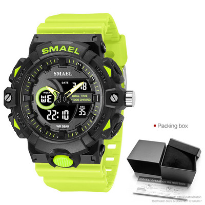SMAEL elektroninis skaitmeninis laikrodis vyriškas Miitary Sport dvigubo laiko ekrano kvarcinis laikrodis su chronografu, neoniniu žaliu dirželiu, automatinis data 8081
