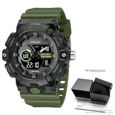 SMAEL elektroninis skaitmeninis laikrodis vyriškas Miitary Sport dvigubo laiko ekrano kvarcinis laikrodis su chronografu, neoniniu žaliu dirželiu, automatinis data 8081