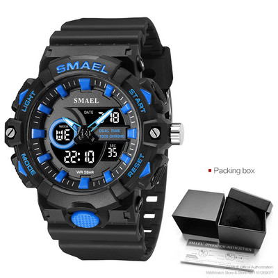 SMAEL elektroninis skaitmeninis laikrodis vyriškas Miitary Sport dvigubo laiko ekrano kvarcinis laikrodis su chronografu, neoniniu žaliu dirželiu, automatinis data 8081