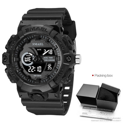 SMAEL elektroninis skaitmeninis laikrodis vyriškas Miitary Sport dvigubo laiko ekrano kvarcinis laikrodis su chronografu, neoniniu žaliu dirželiu, automatinis data 8081