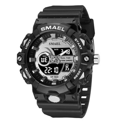 SMAEL elektroninis skaitmeninis laikrodis vyriškas Miitary Sport dvigubo laiko ekrano kvarcinis laikrodis su chronografu, neoniniu žaliu dirželiu, automatinis data 8081