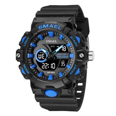 SMAEL elektroninis skaitmeninis laikrodis vyriškas Miitary Sport dvigubo laiko ekrano kvarcinis laikrodis su chronografu, neoniniu žaliu dirželiu, automatinis data 8081
