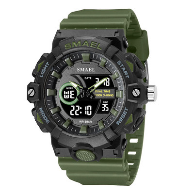 SMAEL elektroninis skaitmeninis laikrodis vyriškas Miitary Sport dvigubo laiko ekrano kvarcinis laikrodis su chronografu, neoniniu žaliu dirželiu, automatinis data 8081