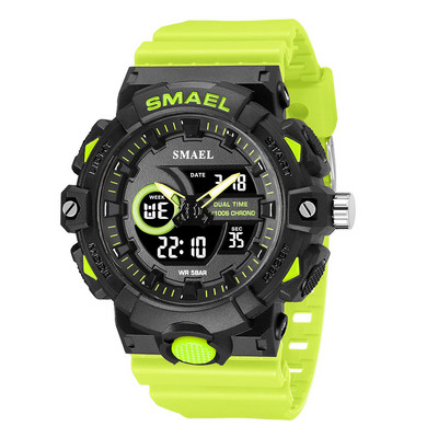 SMAEL elektroninis skaitmeninis laikrodis vyriškas Miitary Sport dvigubo laiko ekrano kvarcinis laikrodis su chronografu, neoniniu žaliu dirželiu, automatinis data 8081