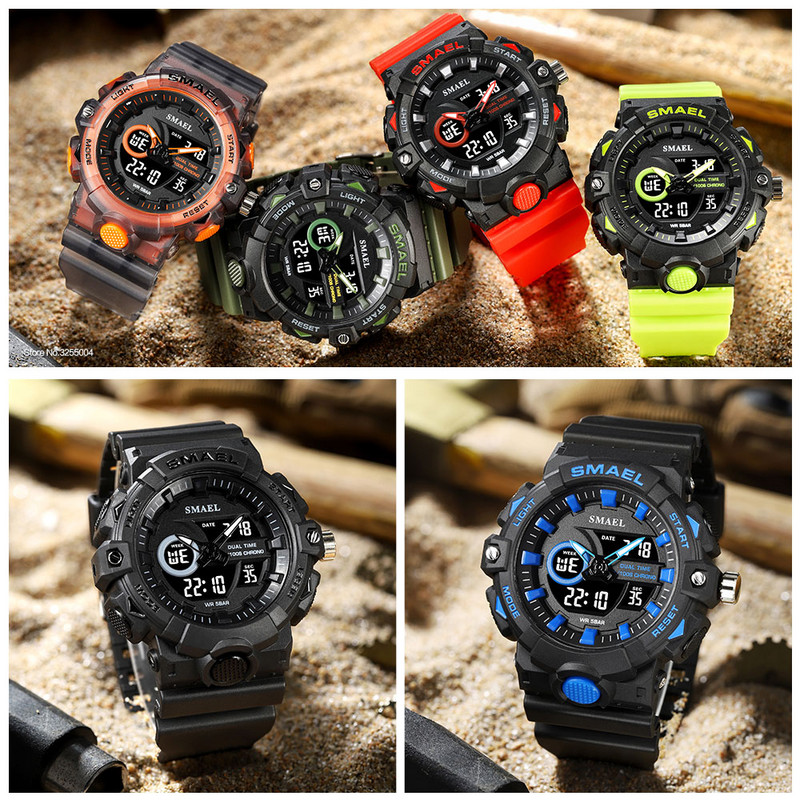 SMAEL elektroninis skaitmeninis laikrodis vyriškas Miitary Sport dvigubo laiko ekrano kvarcinis laikrodis su chronografu, neoniniu žaliu dirželiu, automatinis data 8081