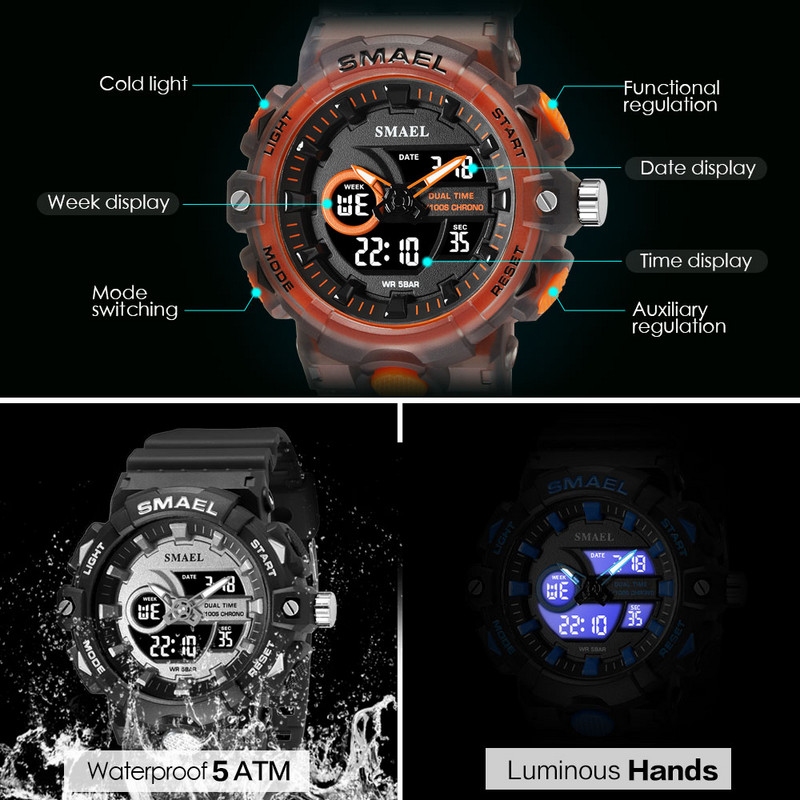 SMAEL elektroninis skaitmeninis laikrodis vyriškas Miitary Sport dvigubo laiko ekrano kvarcinis laikrodis su chronografu, neoniniu žaliu dirželiu, automatinis data 8081