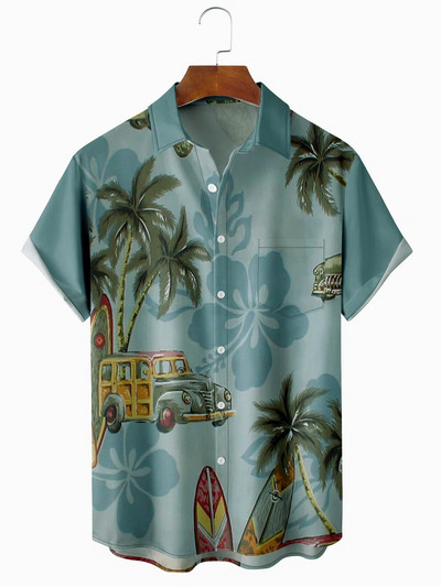 Férfi Hawaii Beach Print Férfi ingek Ocean Alkalmi divat zseb Hawaii hajtóka rövid ujjú ing
