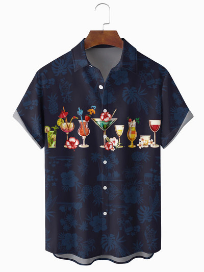 Férfi Hawaii Beach Print Férfi ingek Ocean Alkalmi divat zseb Hawaii hajtóka rövid ujjú ing