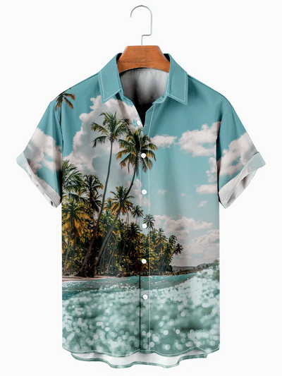 Férfi Hawaii Beach Print Férfi ingek Ocean Alkalmi divat zseb Hawaii hajtóka rövid ujjú ing