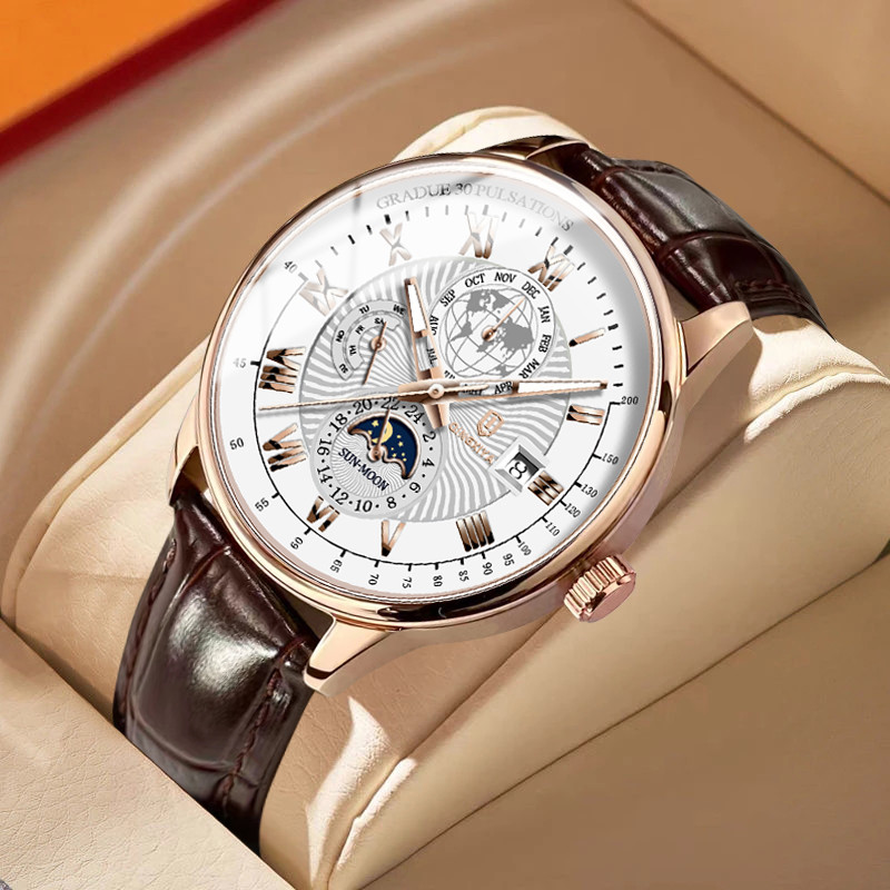 Madingi vyriški laikrodžiai Populiariausi prekės ženklo prabangūs mažo ciferblato dekoravimo data kvarcinis laikrodis vandeniui atsparus švytintis odinis sportinis vyriškas rankinis laikrodis