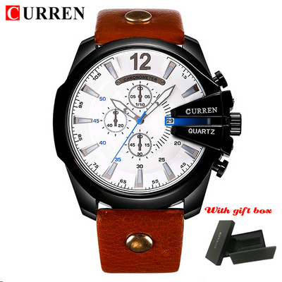CURREN Луксозни мъжки часовници с голям циферблат Ежедневни външни часовници с кожена каишка за мъже Модни спортни водоустойчиви мъжки часовници