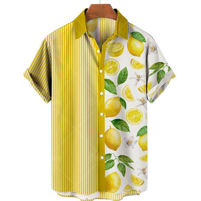 Vīriešu pogas, ielas apģērbi, augļu oranžs citronu krekls ar īsām piedurknēm Harajuku havajiešu krekls, pludmales tops