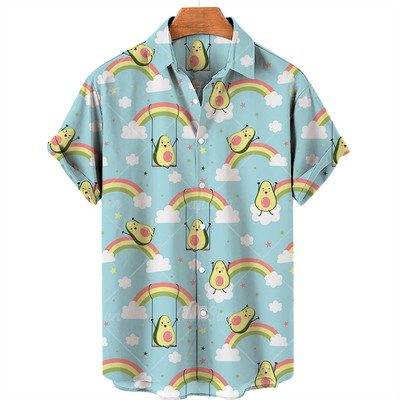 Vīriešu pogas, ielas apģērbi, augļu oranžs citronu krekls ar īsām piedurknēm Harajuku havajiešu krekls, pludmales tops