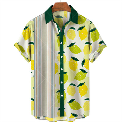 Vīriešu pogas, ielas apģērbi, augļu oranžs citronu krekls ar īsām piedurknēm Harajuku havajiešu krekls, pludmales tops