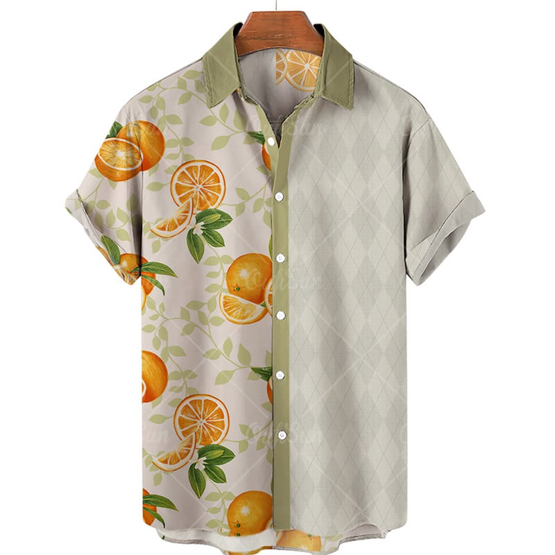 Vīriešu pogas, ielas apģērbi, augļu oranžs citronu krekls ar īsām piedurknēm Harajuku havajiešu krekls, pludmales tops