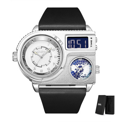 Oulm JAUNIE vīriešu sporta pulksteņi 3 laika joslu modes LED digitālais pulkstenis vīriešu lielais ciparnīcas kvarca pulkstenis ādas rokas pulkstenis reloj hombre