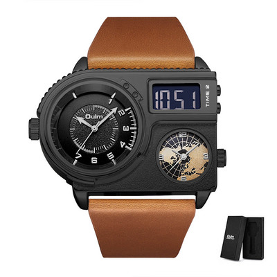 Oulm JAUNIE vīriešu sporta pulksteņi 3 laika joslu modes LED digitālais pulkstenis vīriešu lielais ciparnīcas kvarca pulkstenis ādas rokas pulkstenis reloj hombre