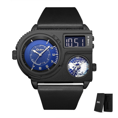 Oulm JAUNIE vīriešu sporta pulksteņi 3 laika joslu modes LED digitālais pulkstenis vīriešu lielais ciparnīcas kvarca pulkstenis ādas rokas pulkstenis reloj hombre