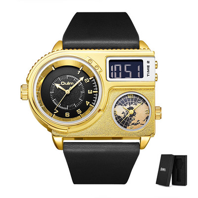 Oulm JAUNIE vīriešu sporta pulksteņi 3 laika joslu modes LED digitālais pulkstenis vīriešu lielais ciparnīcas kvarca pulkstenis ādas rokas pulkstenis reloj hombre