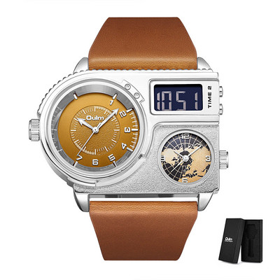 Oulm JAUNIE vīriešu sporta pulksteņi 3 laika joslu modes LED digitālais pulkstenis vīriešu lielais ciparnīcas kvarca pulkstenis ādas rokas pulkstenis reloj hombre