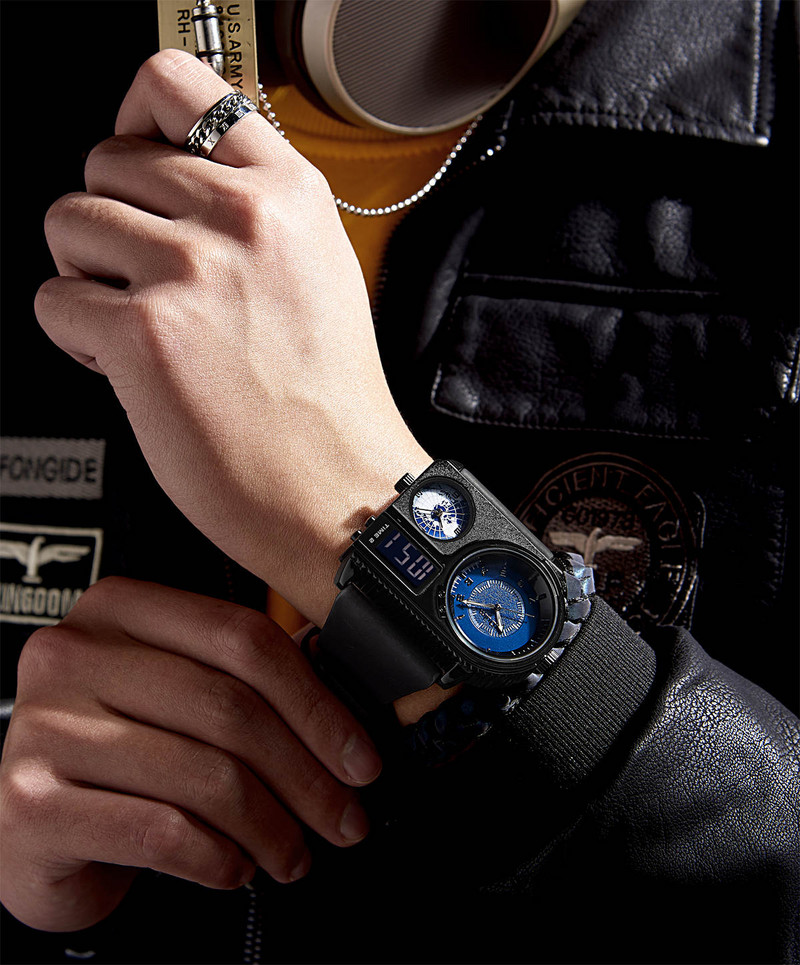 Oulm JAUNIE vīriešu sporta pulksteņi 3 laika joslu modes LED digitālais pulkstenis vīriešu lielais ciparnīcas kvarca pulkstenis ādas rokas pulkstenis reloj hombre