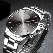 Zīmola luksusa sudraba nerūsējošā tērauda kvarca vīriešu pulksteņi vīriešu modes ādas kalendārs sporta rokas pulkstenis vīriešu gaismas pulkstenis