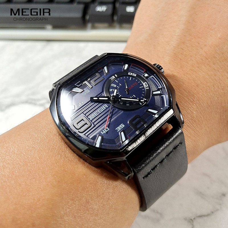MEGIR Casual Αθλητικά Ρολόγια Ανδρικά Δερμάτινο ρολόι Χαλαζία με ρολόι χειρός Auto Date Luminous Hands αδιάβροχο οκτάγωνο 2201