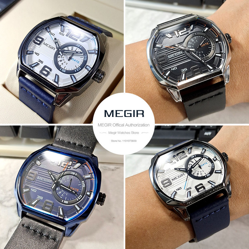 MEGIR Casual Αθλητικά Ρολόγια Ανδρικά Δερμάτινο ρολόι Χαλαζία με ρολόι χειρός Auto Date Luminous Hands αδιάβροχο οκτάγωνο 2201