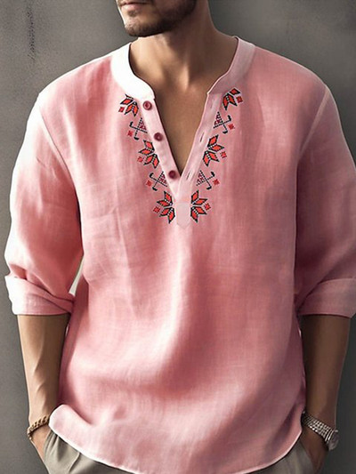 Vyriški marškiniai Lininiai marškinių stovas apykaklės grafiniai spaudiniai geometriniai balta rožinė mėlyna chaki lauko gatvės spaudiniai drabužiai ilgomis rankovėmis