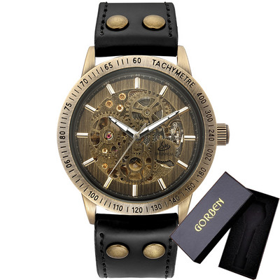 Új barna szíjas Retro Steampunk férfi mechanikus óra Locomotive Gear Literal automata férfi karórák Relogio Masculino