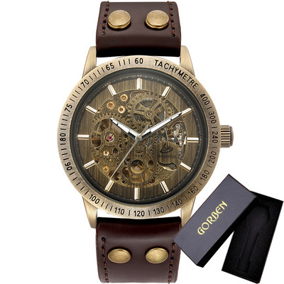 Új barna szíjas Retro Steampunk férfi mechanikus óra Locomotive Gear Literal automata férfi karórák Relogio Masculino