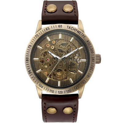 Új barna szíjas Retro Steampunk férfi mechanikus óra Locomotive Gear Literal automata férfi karórák Relogio Masculino
