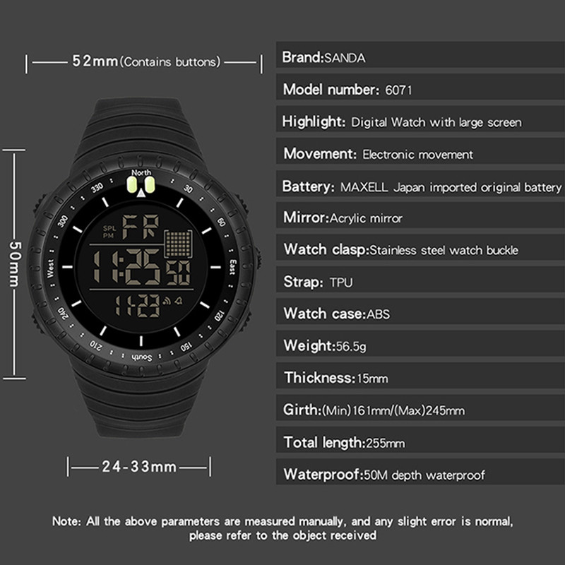 SANDA meeste spordi veekindel digikell elektrooniline LED meeste käekell alarm stopper sõjaväe käekell Relogio Masculino